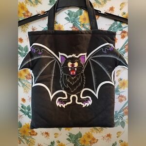 Vintage Halloween 80's 90's Spooky Black & Red  Bat & Graveyard Pattern Tote Bag